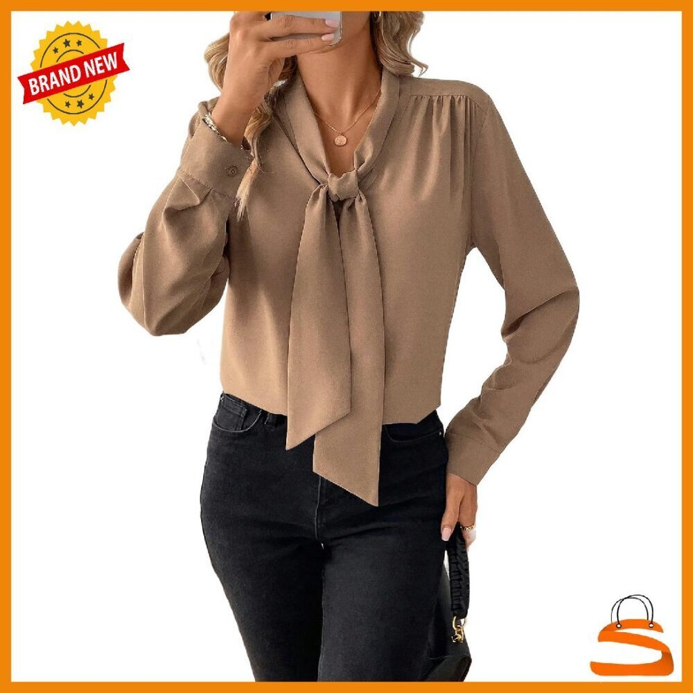 Elegant Bow Tie Blouse Long Sleeve Business Shirt Polyester Work Top